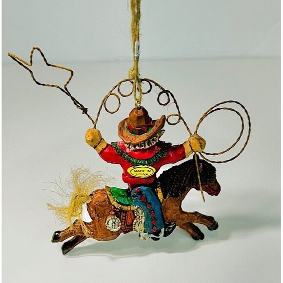 Bronc Riding Cowboy Jointed Christmas Ornament Lasso Stars Big Mustache - Picture 2 of 3
